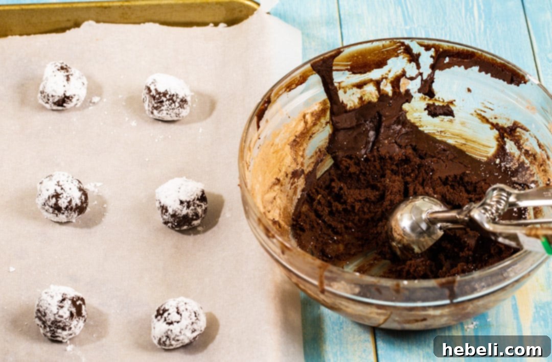 Cookie dough being rolled into perfect balls before coating in powdered sugar for crinkle cookies.