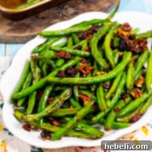 A final close-up of the delicious Roasted Green Beans with Sun-Dried Tomatoes and Toasted Pecans.