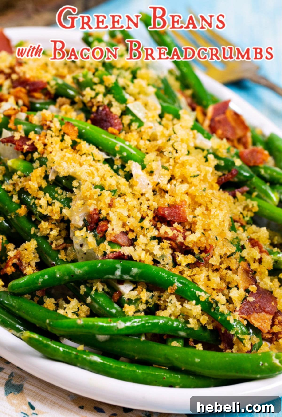 Crispy Bacon Green Beans 4 Close-up of Green Beans with Bacon Breadcrumbs, showing the rich texture and delicious topping.