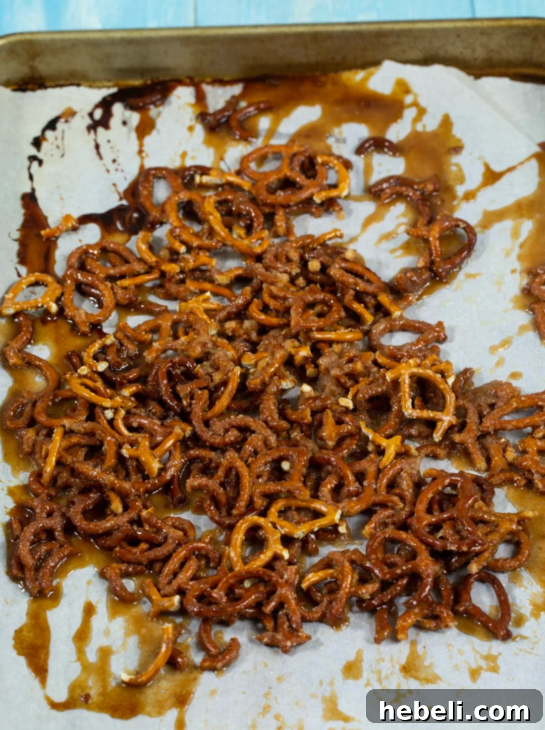 Creamy Blueberry Pretzel Crunch 3 Sugared Pretzels freshly baked and spread on a baking sheet.