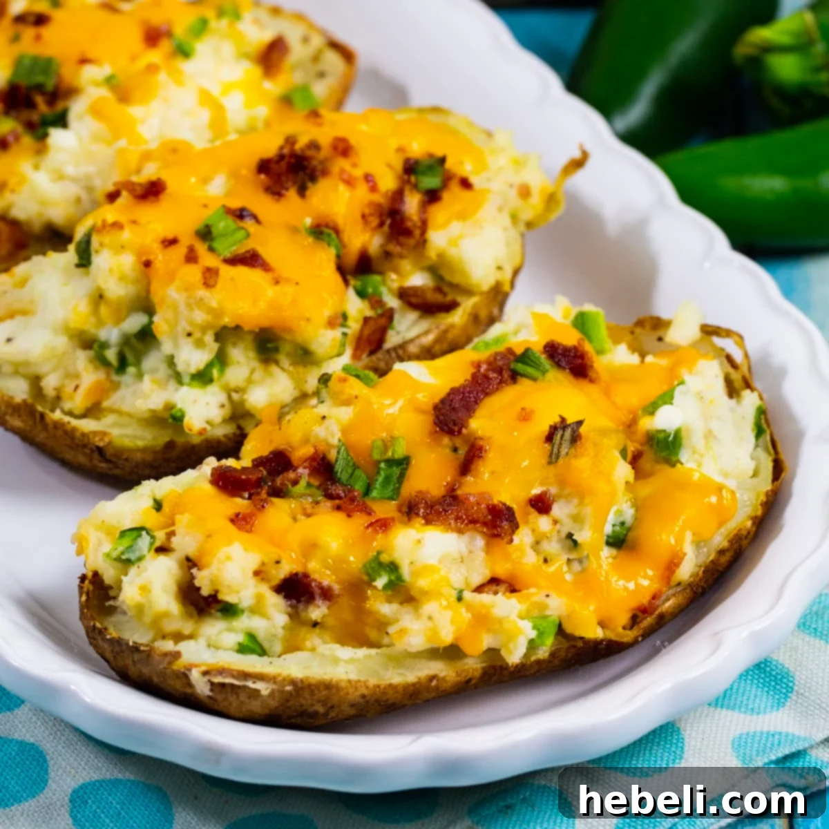 Twice Baked Jalapeno Popper Potatoes on a serving plate, garnished with fresh herbs.