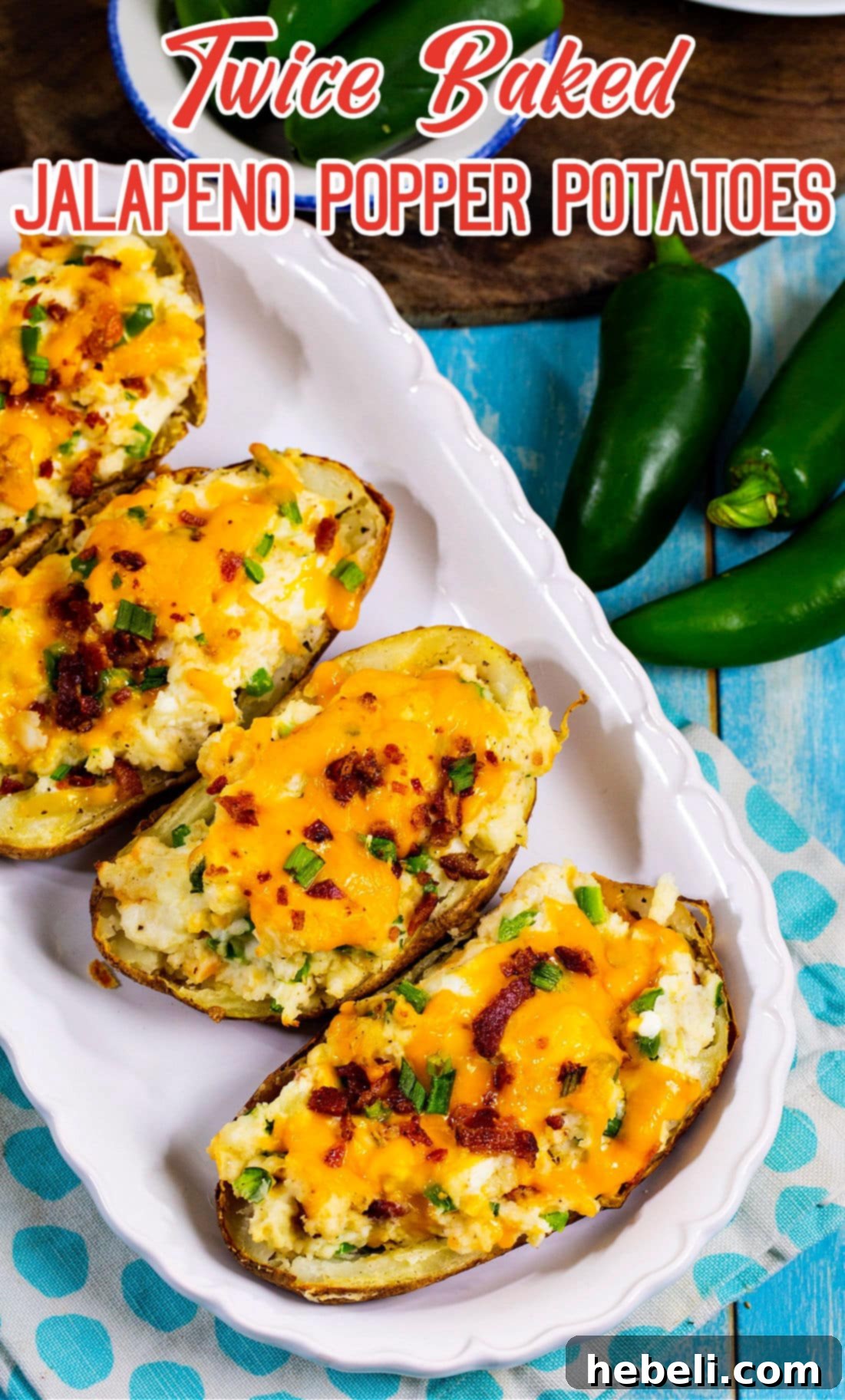 A vibrant platter of Twice Baked Jalapeno Popper Potatoes, artfully arranged and ready for serving.