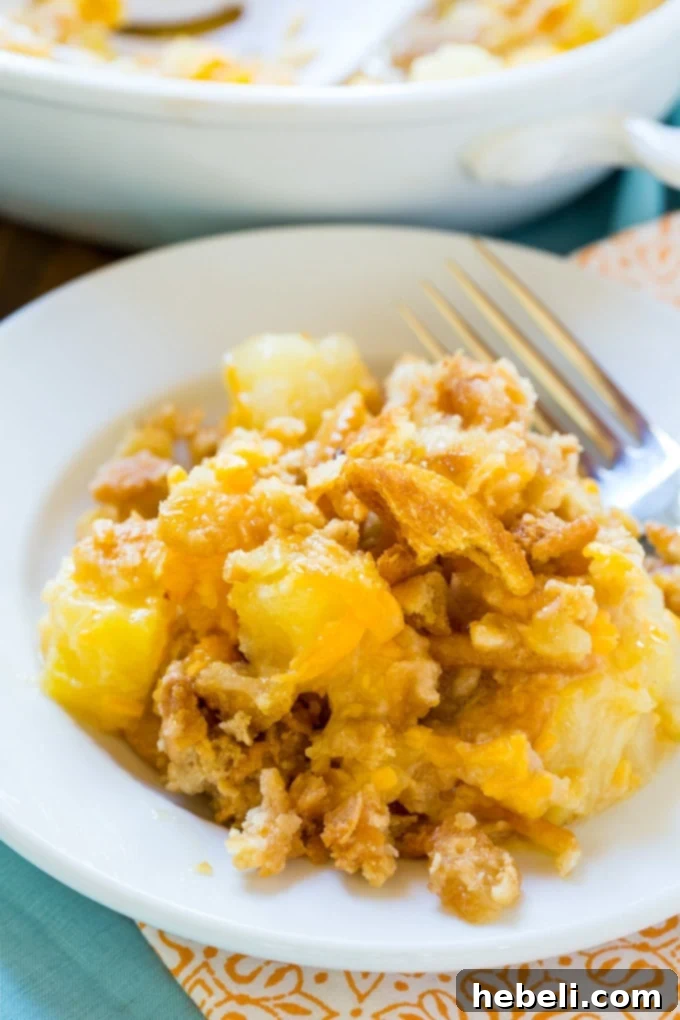 Sweet & Savory Pineapple Bake 3 Close-up of Pineapple Casserole with its perfectly browned, buttery Ritz cracker topping, ready to be served.