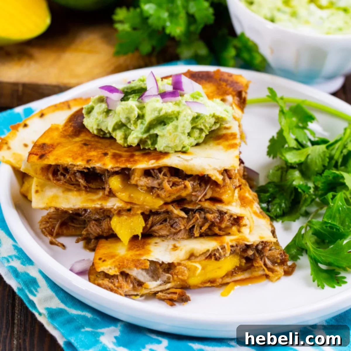 Island BBQ Pork and Mango Quesadillas 2 Close-up of BBQ Pork and Mango Quesadillas on a plate, garnished with fresh cilantro.