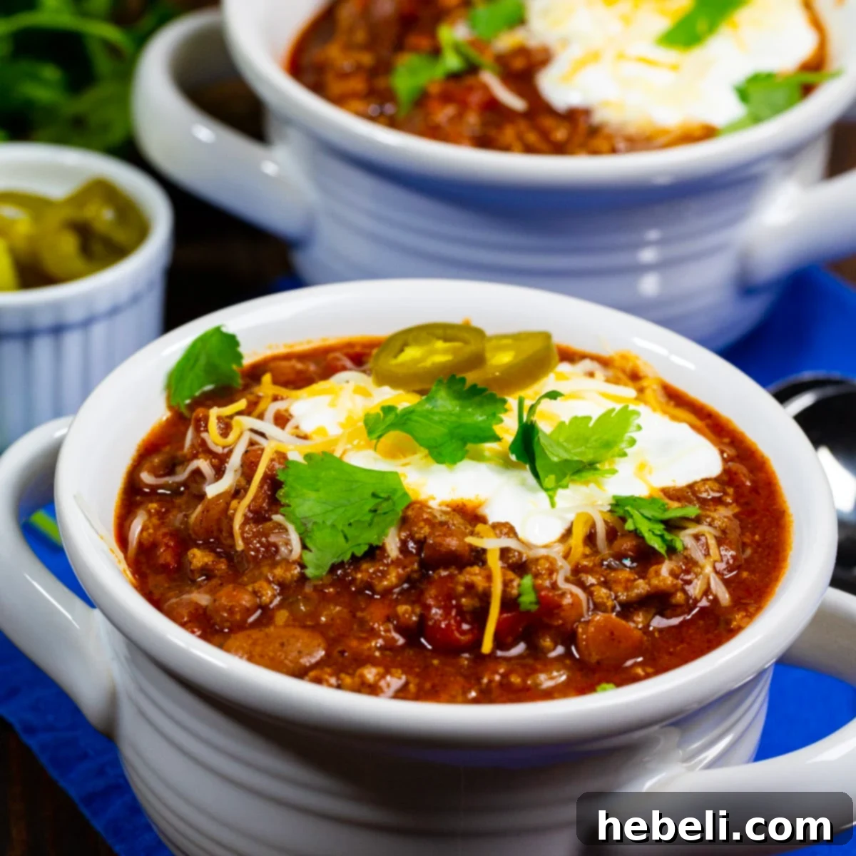 Ultimate Rotel Chili 2 Rotel Chili topped with sour cream, cilantro and jalapenos. A perfect topping combination for a delicious chili.