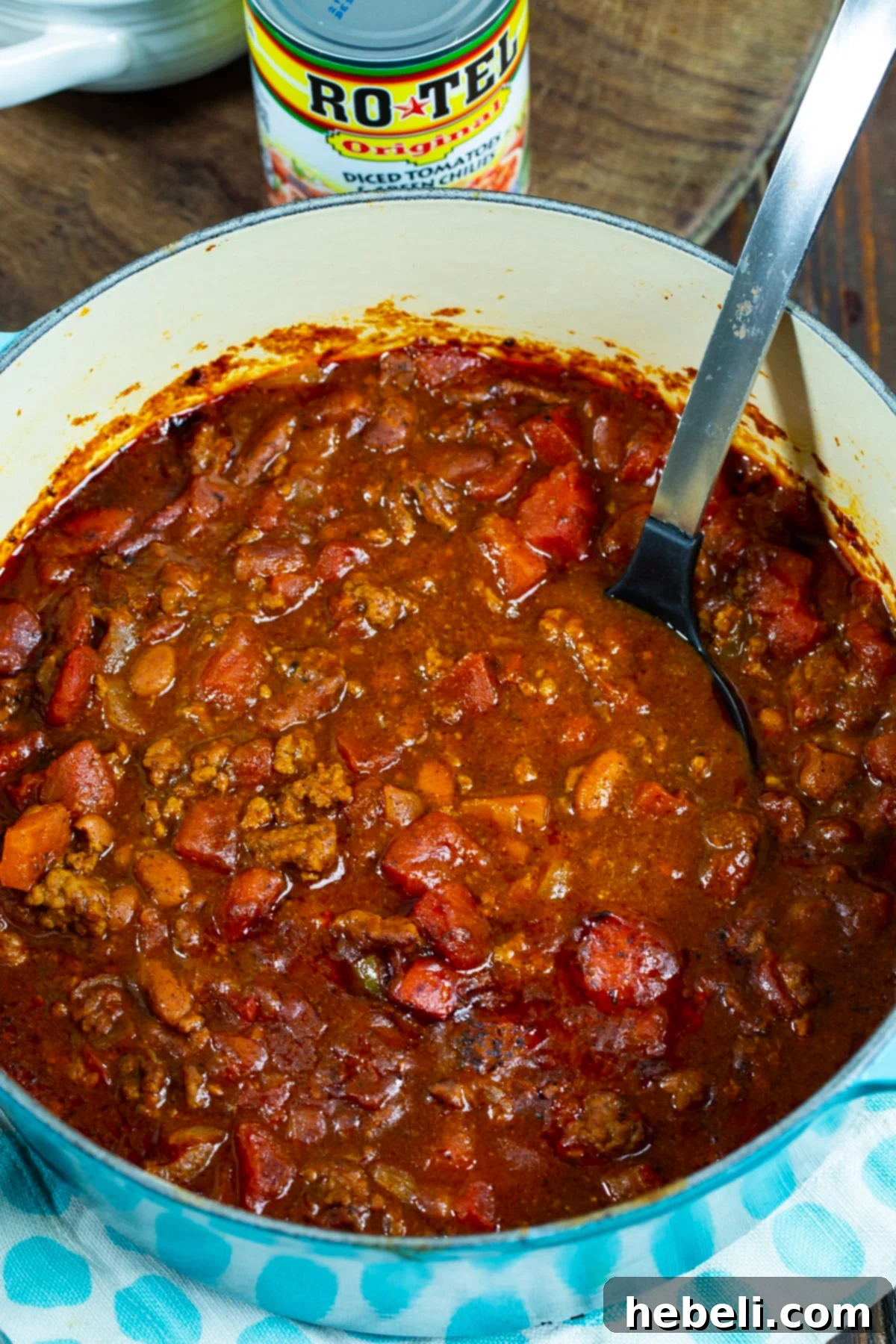Ultimate Rotel Chili 3 Chili simmering in a Dutch oven, showcasing its rich texture and color.