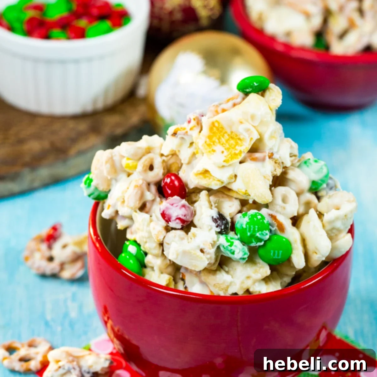Festive Reindeer Crunch served in a vibrant red bowl, ready for holiday enjoyment.