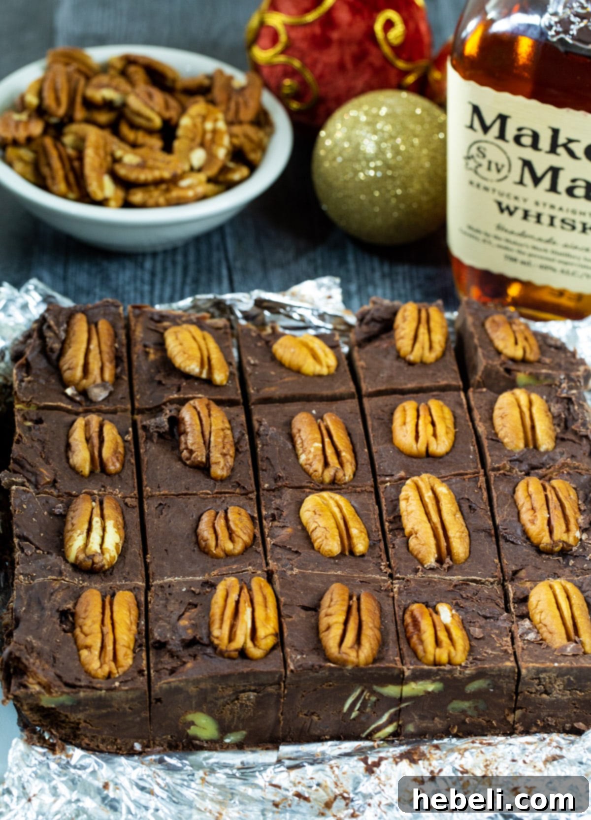 Decadent Bourbon Pecan Fudge 4 Bourbon Pecan Fudge expertly cut into perfect squares, ready to be served.