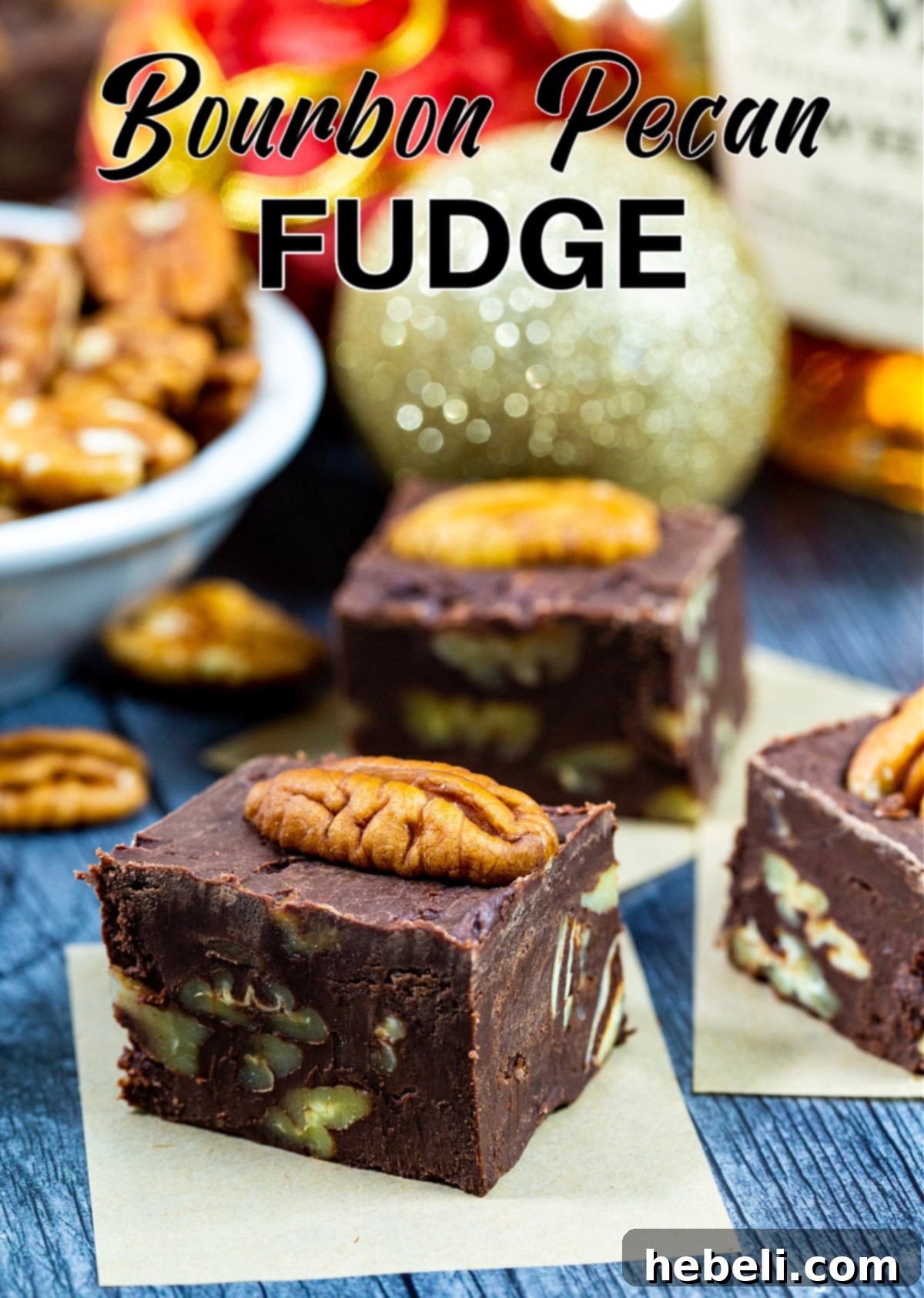 Decadent Bourbon Pecan Fudge 6 Close-up of a square of Bourbon Chocolate Fudge, showing its rich texture and pecan topping.