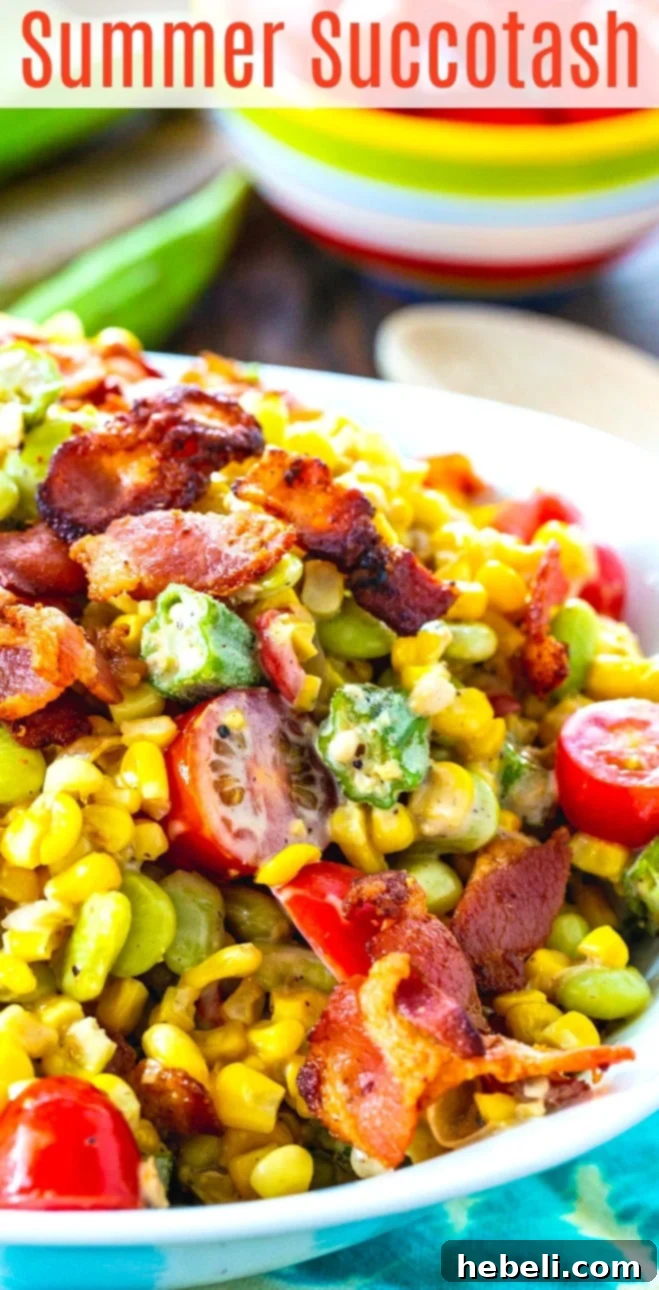 A close-up view of the creamy Summer Succotash in a white bowl, showing off the vibrant colors, rich texture, and bacon bits.