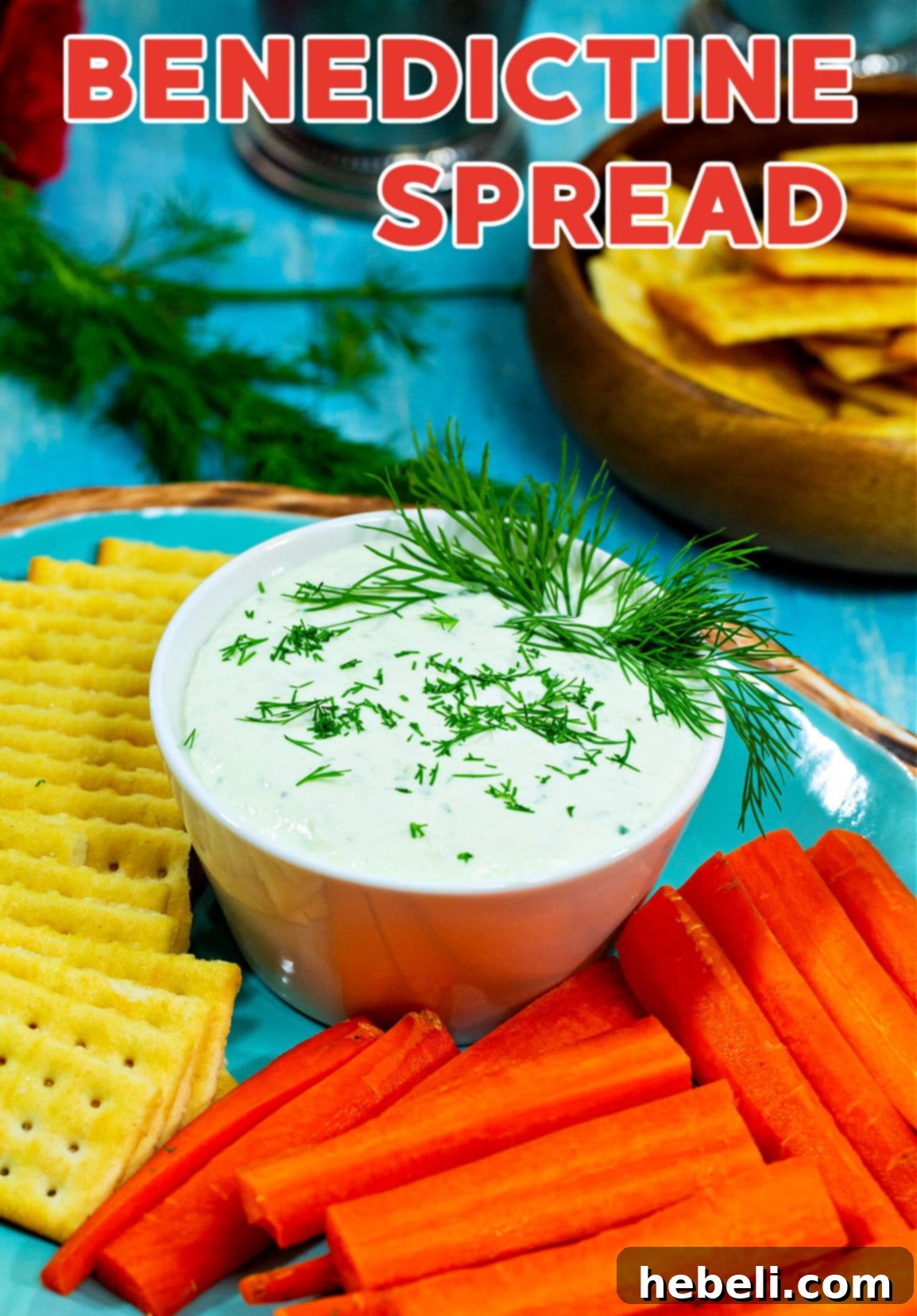 Benedictine Sandwich Spread 4 A close-up view of a small, elegant bowl filled with freshly prepared Benedictine Spread, subtly garnished with a delicate sprig of fresh dill, ready to be enjoyed as a light and flavorful appetizer or snack.