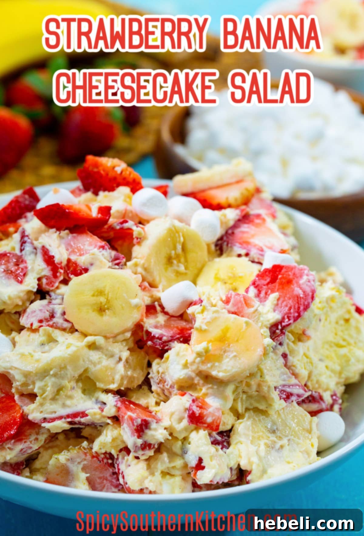 Close-up of the creamy Strawberry Banana Cheesecake Salad, showing the beautiful texture and fruit pieces.