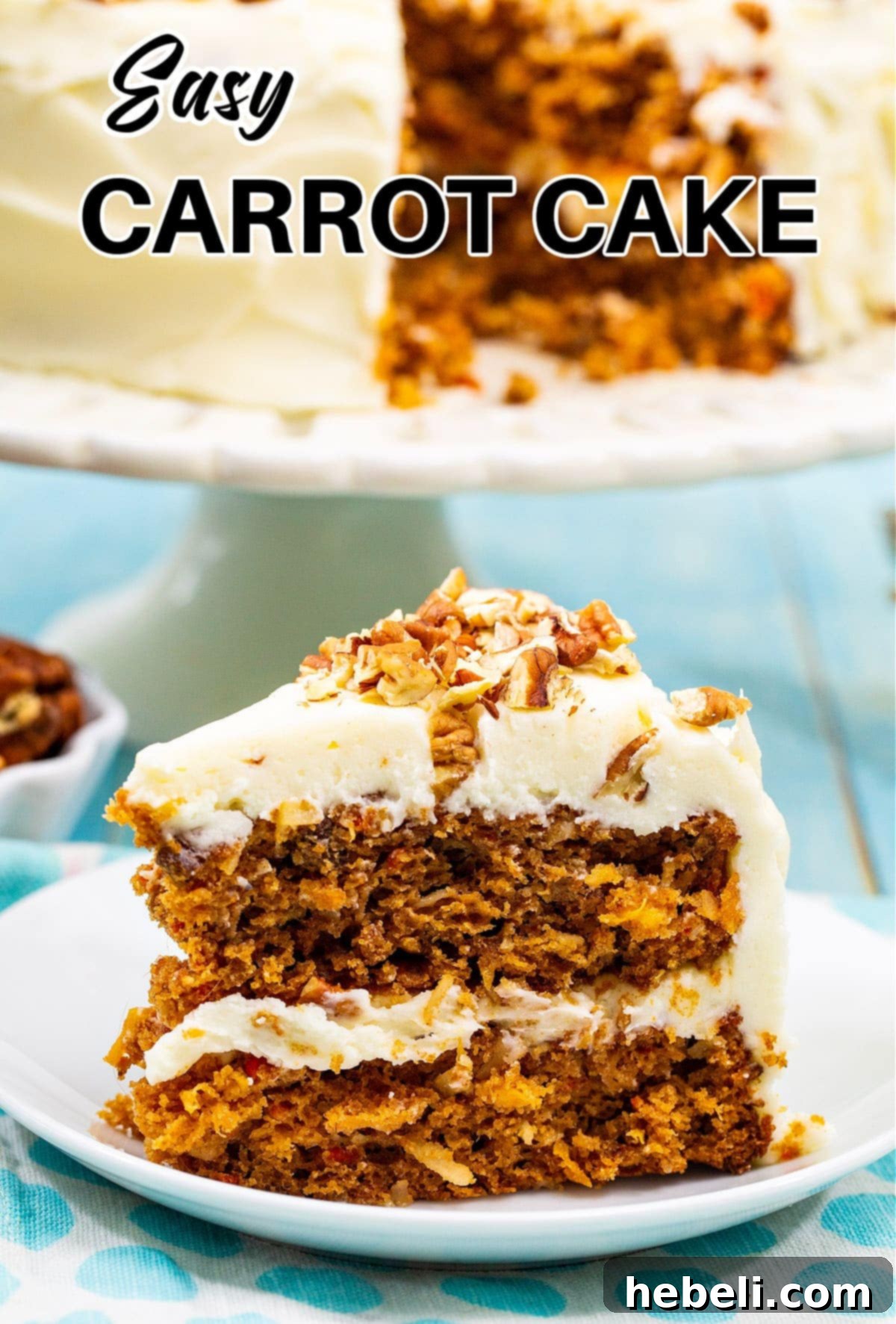 Full carrot cake, frosted and garnished, perfect for holiday gatherings or a special treat.