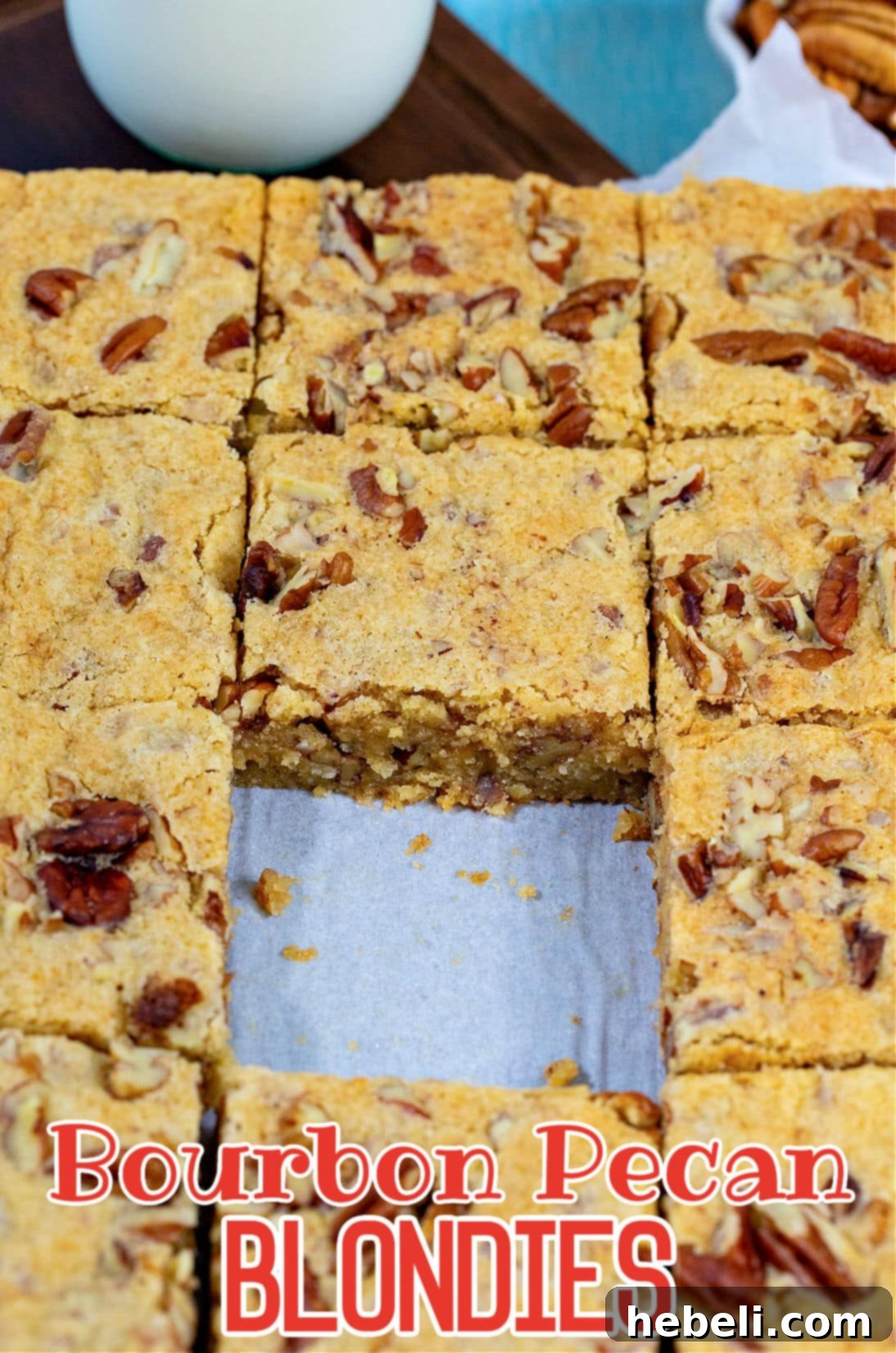 A closer look at the rich texture and pecan pieces in a square Bourbon Pecan Blondie.