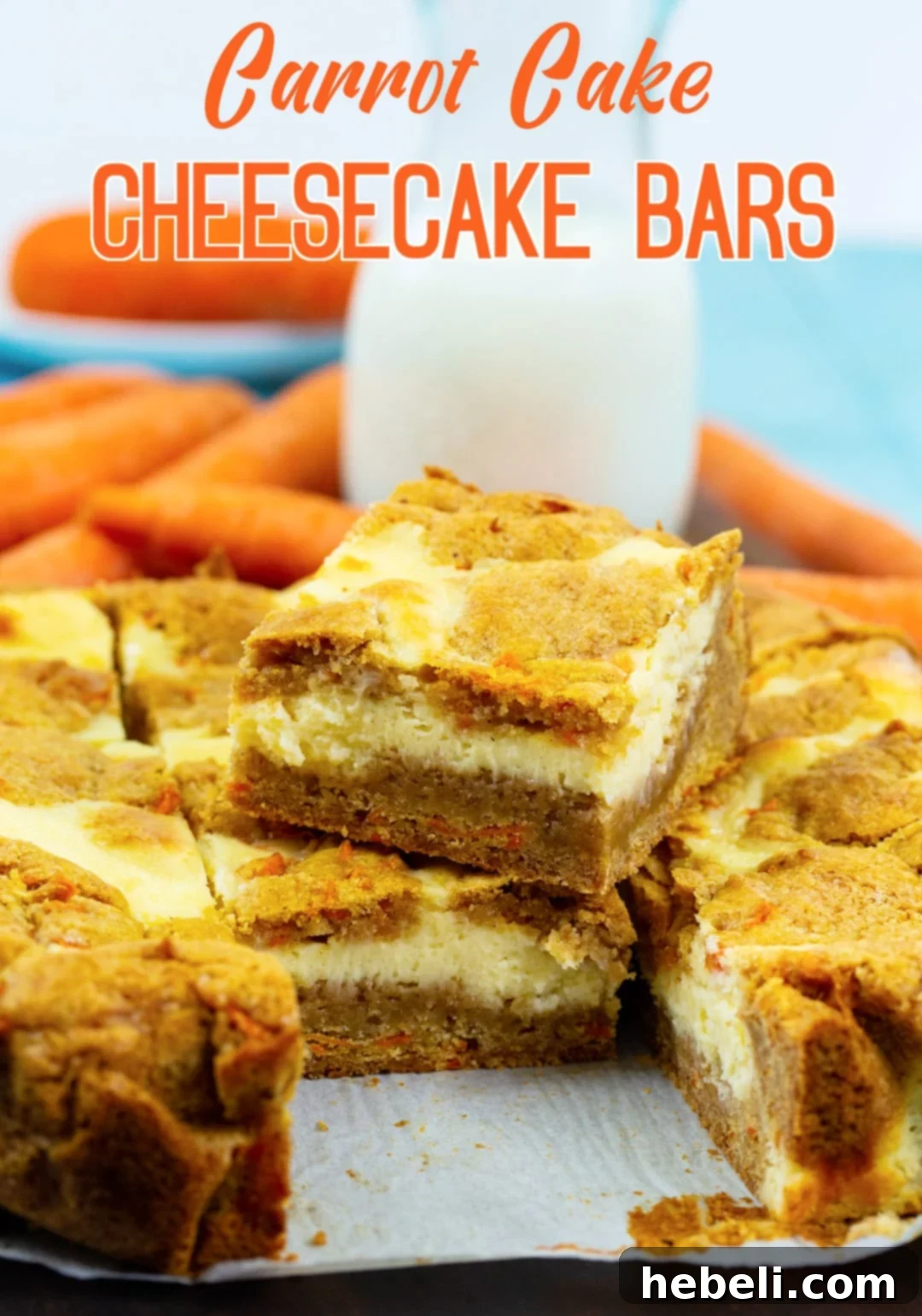Spiced Carrot Cake Cheesecake Bars 5 More Carrot Cake Cheesecake Bars cut into squares, showing their tempting layers.