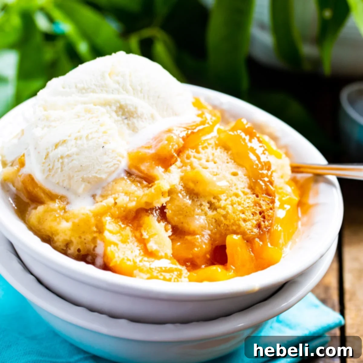 Set-It-and-Forget-It Peach Cobbler 2 A beautifully presented bowl of warm Slow Cooker Peach Cobbler, topped with a scoop of melting vanilla ice cream, perfect for a summer treat.