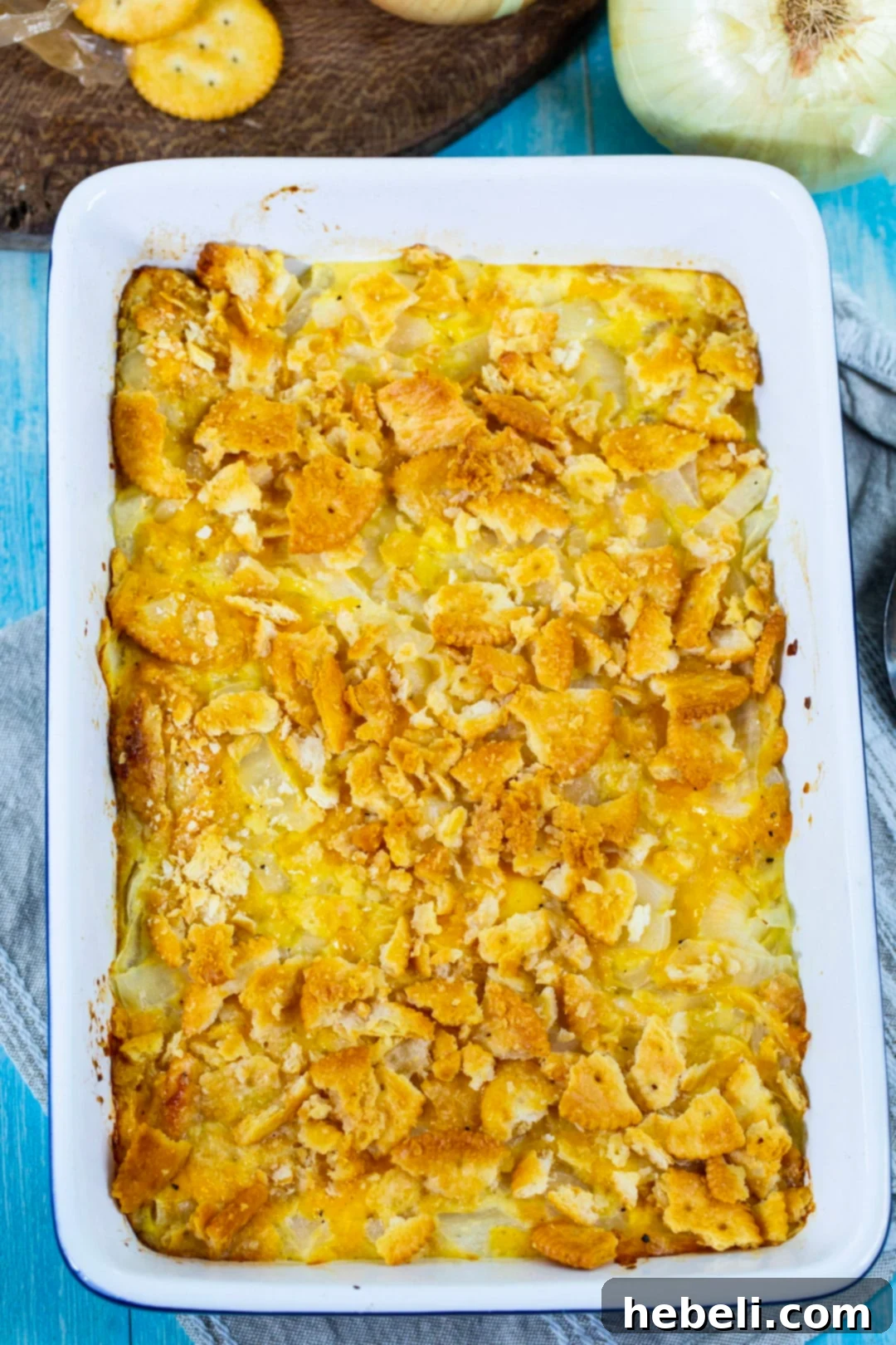 Finished Vidalia Onion Casserole in a baking dish, golden and bubbly.