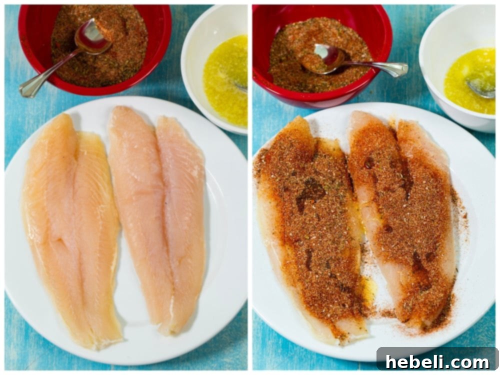 Blackened Catfish with Tangy Comeback Sauce 4 Uncooked catfish fillets on a plate, ready for seasoning.