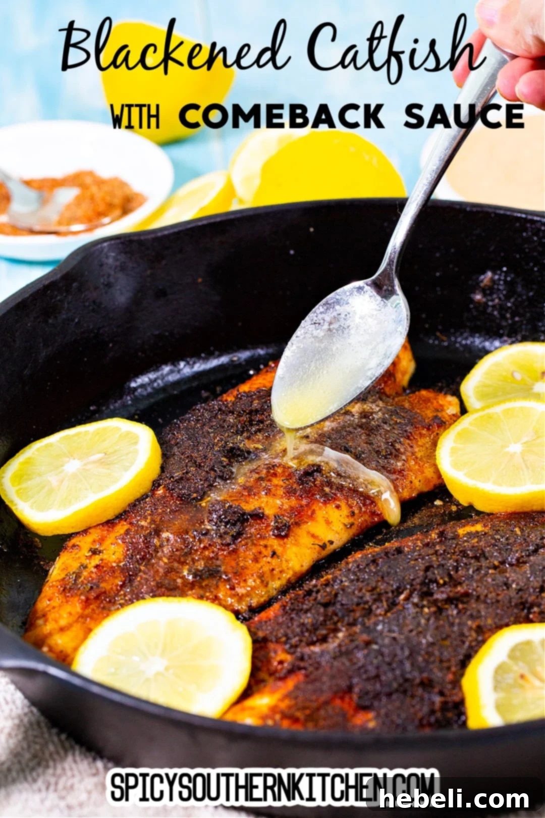 Blackened Catfish with Tangy Comeback Sauce 5 A spoon drizzling melted butter over catfish fillets before seasoning.