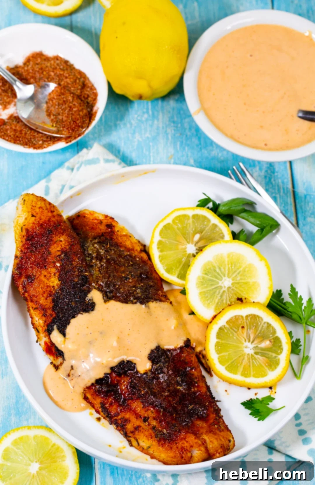 Blackened Catfish with Tangy Comeback Sauce 6 Cooked catfish drizzled generously with comeback sauce on a white plate, garnished with a lemon wedge.