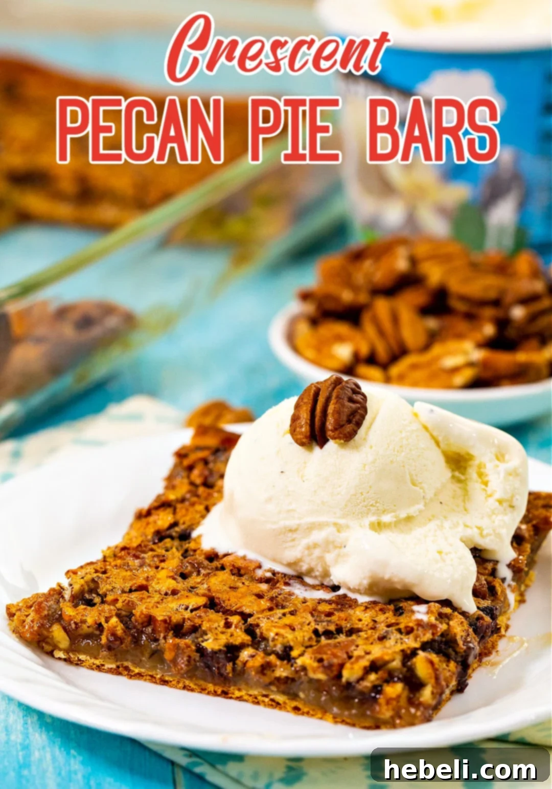 Buttery Crescent Pecan Pie Bars 5 Close-up of a single Crescent Pecan Pie Bar topped with melting vanilla ice cream, showing the rich pecan filling and buttery crust.