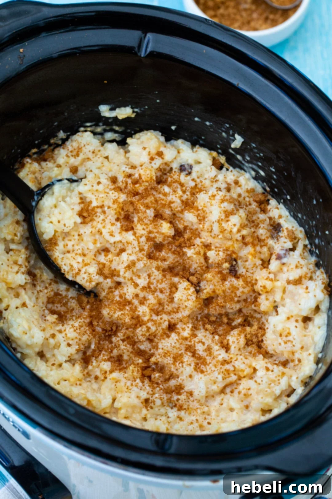 A serving of Slow Cooker Rice Pudding generously sprinkled with cinnamon, ready to be enjoyed.