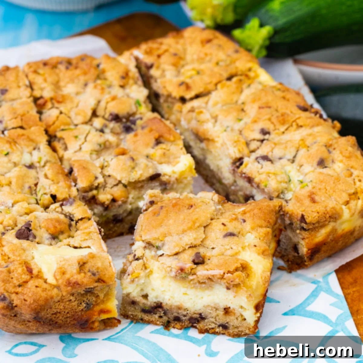 Zucchini Cheesecake Bliss Bars 2 Beautifully cut Zucchini Cheesecake Bars arranged in neat squares.