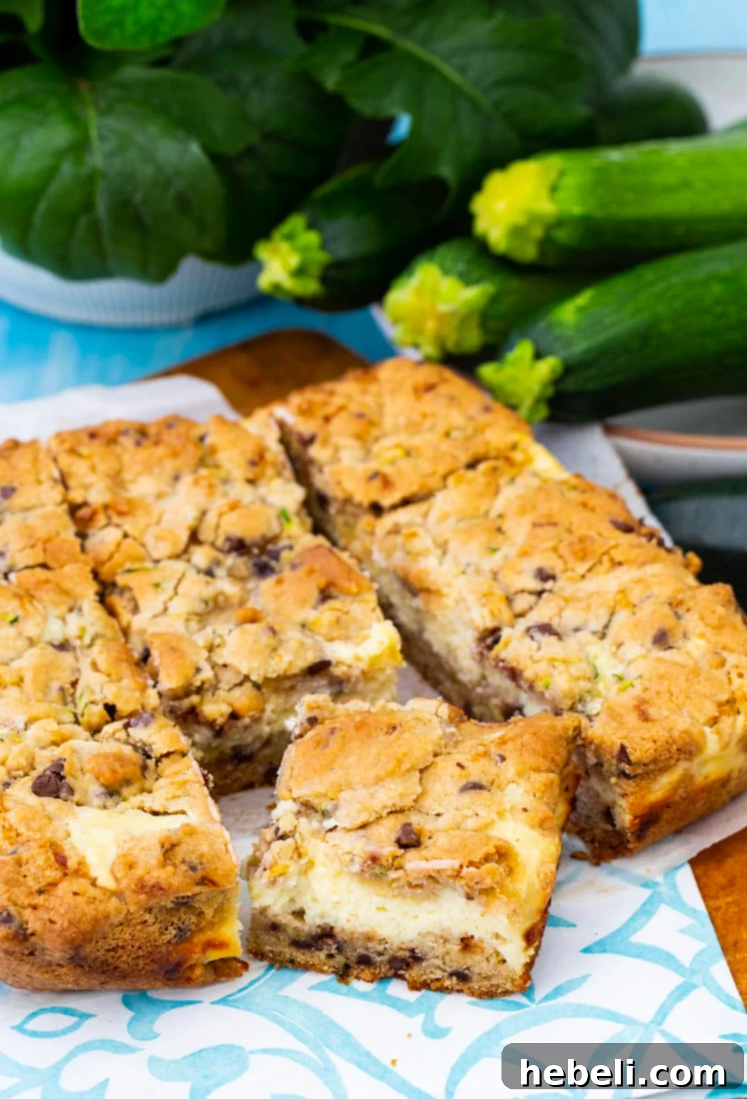 Zucchini Cheesecake Bliss Bars 3 An appetizing close-up of Zucchini Cheesecake Bars, freshly baked and ready to enjoy.