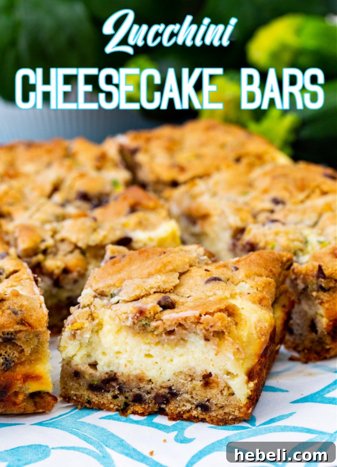 Zucchini Cheesecake Bliss Bars 5 Close-up of a single Zucchini Cheesecake Bar, showcasing its layers and texture.