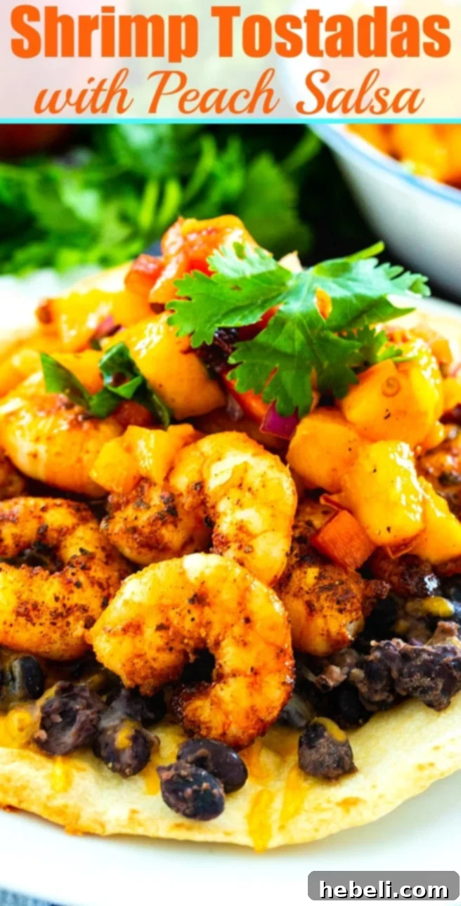 Sweet Peach Shrimp Tostadas 6 Close-up view of a delicious Shrimp Tostada with a text overlay: "Shrimp Tostadas with Peach Salsa"