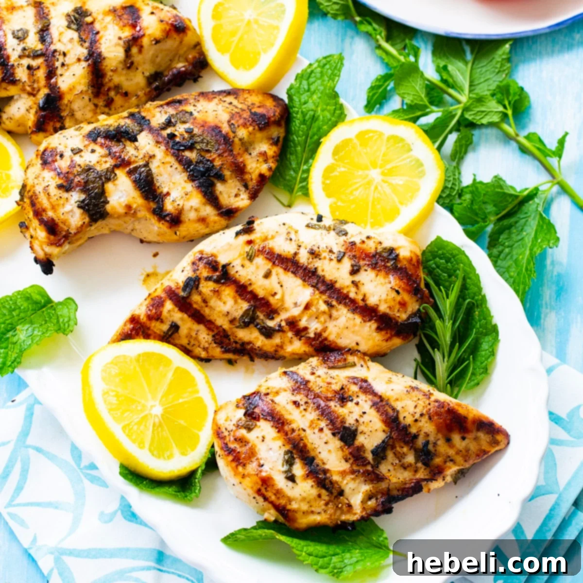 Grilled chicken marinated in Greek Lemon Mint Marinade on a plate, garnished with fresh mint and lemon slices.