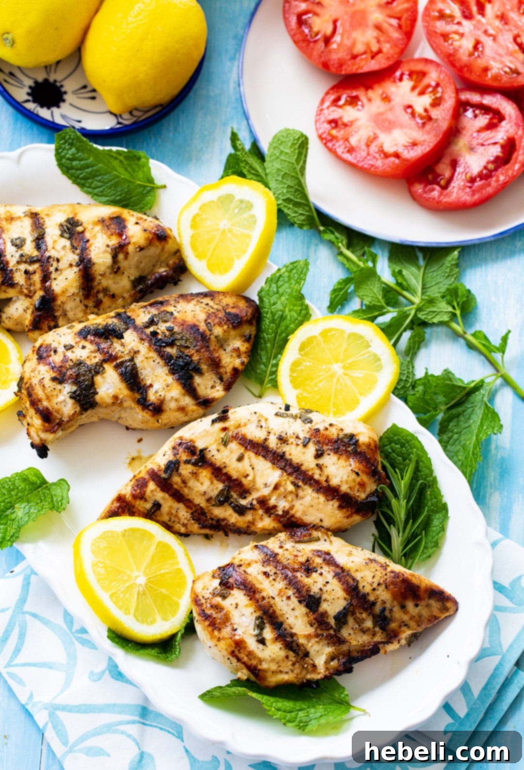 Grilled chicken pieces arranged beautifully on a serving plate, garnished with lemon slices and fresh mint leaves, ready to be served.