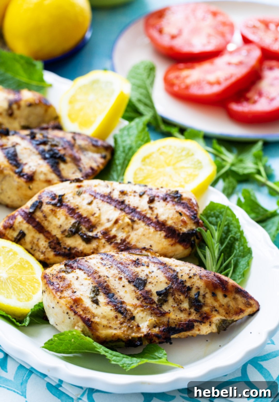 Platter of marinated raw chicken, ready to be grilled, showcasing the vibrant colors of the Greek Lemon Mint Marinade.
