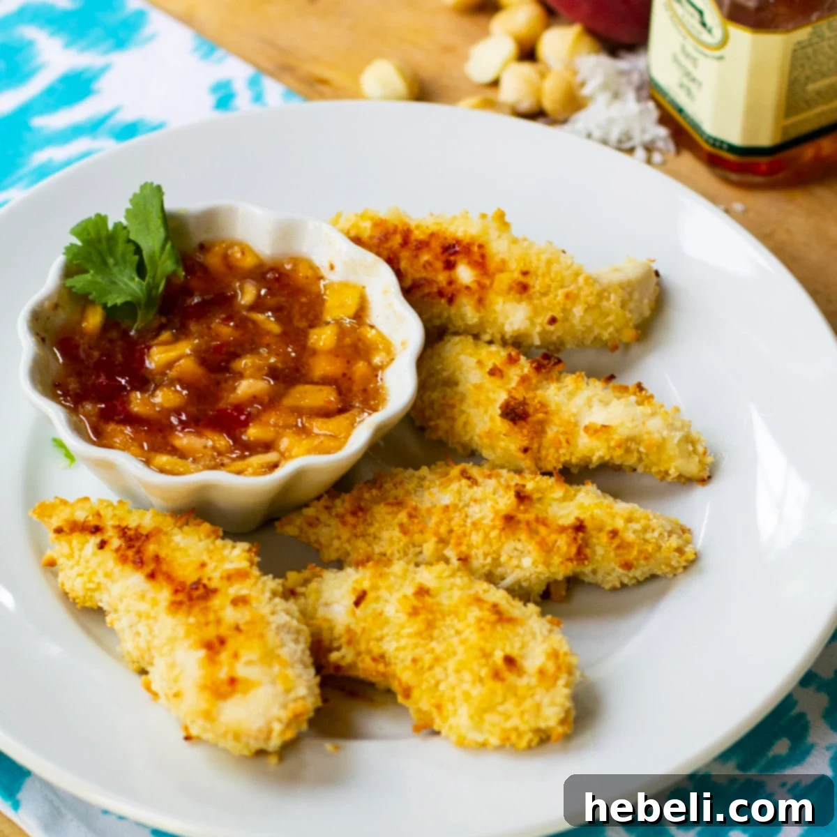 Tropical Macadamia Coconut Chicken Tenders 2 Crispy Coconut Macadamia Chicken Tenders arranged artfully on a plate with a side of peach red pepper jelly dip, ready to be enjoyed.