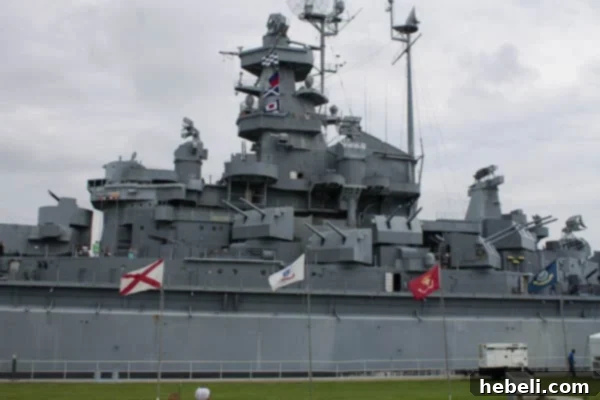 Kickin Jalapeno Creamed Corn 3 USS Alabama battleship docked, viewed from the water.