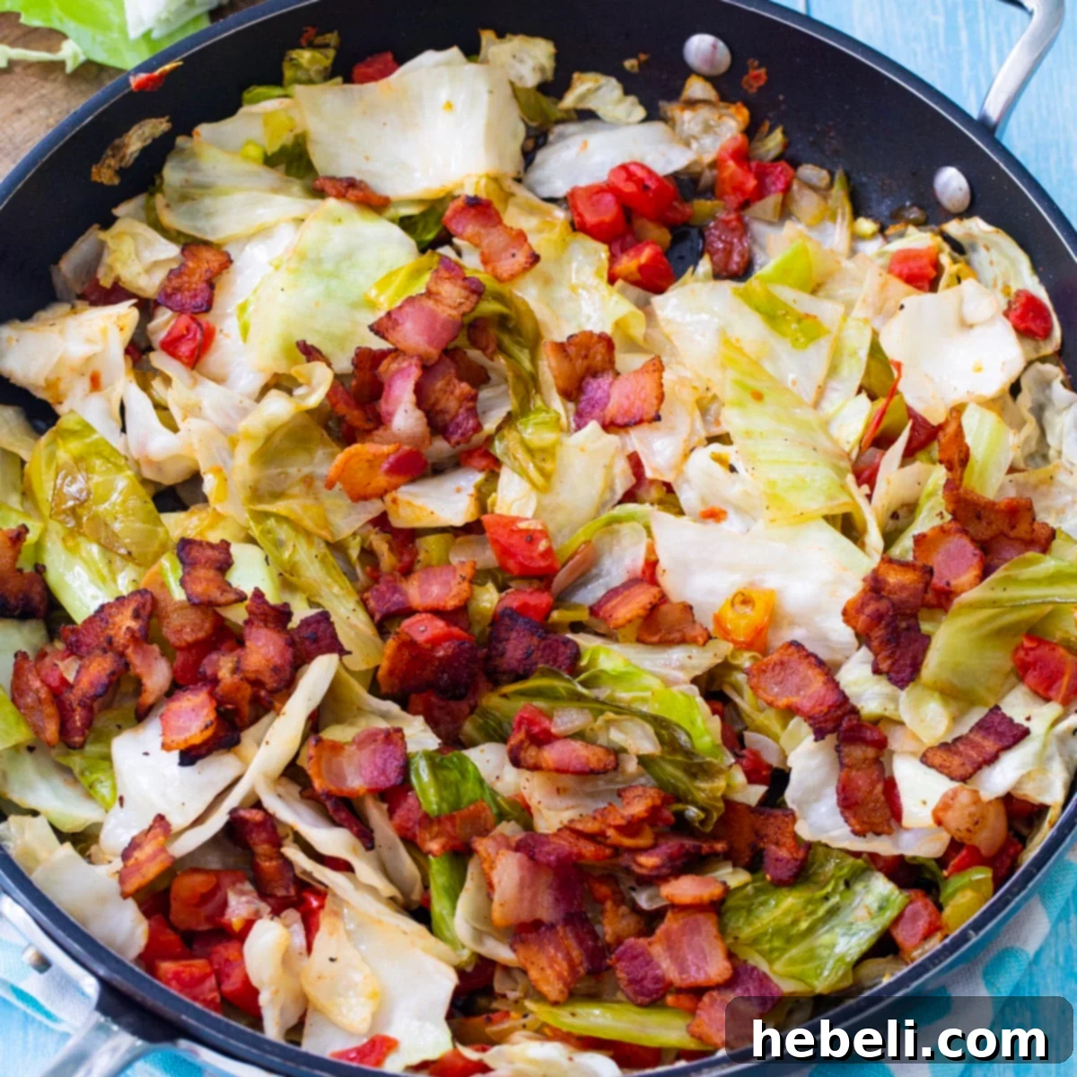 Spicy Cabbage cooked in a skillet, ready to serve.