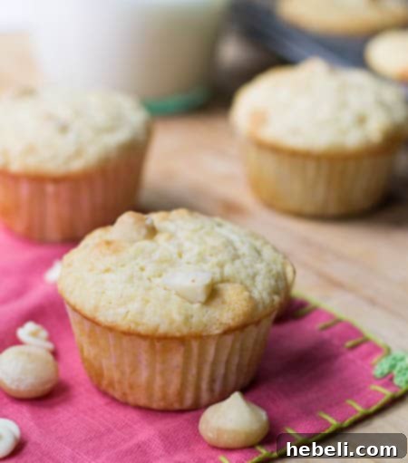 Close-up of freshly baked Macadamia Nut Muffins on a pink napkin, showcasing their golden-brown tops.