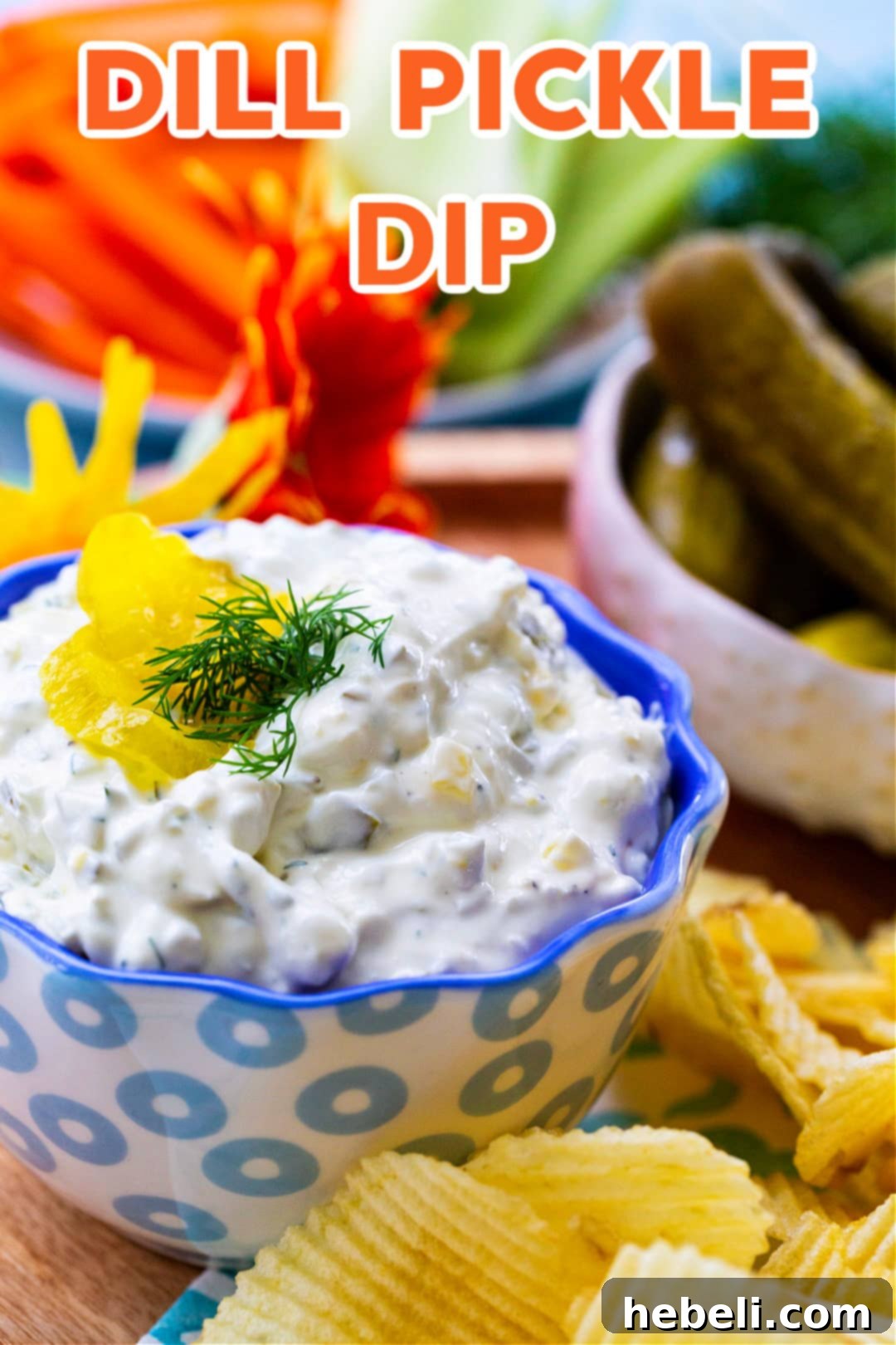 A top-down view of a bowl of creamy Dill Pickle Dip, showing its smooth texture and hints of fresh dill, perfectly presented for sharing.