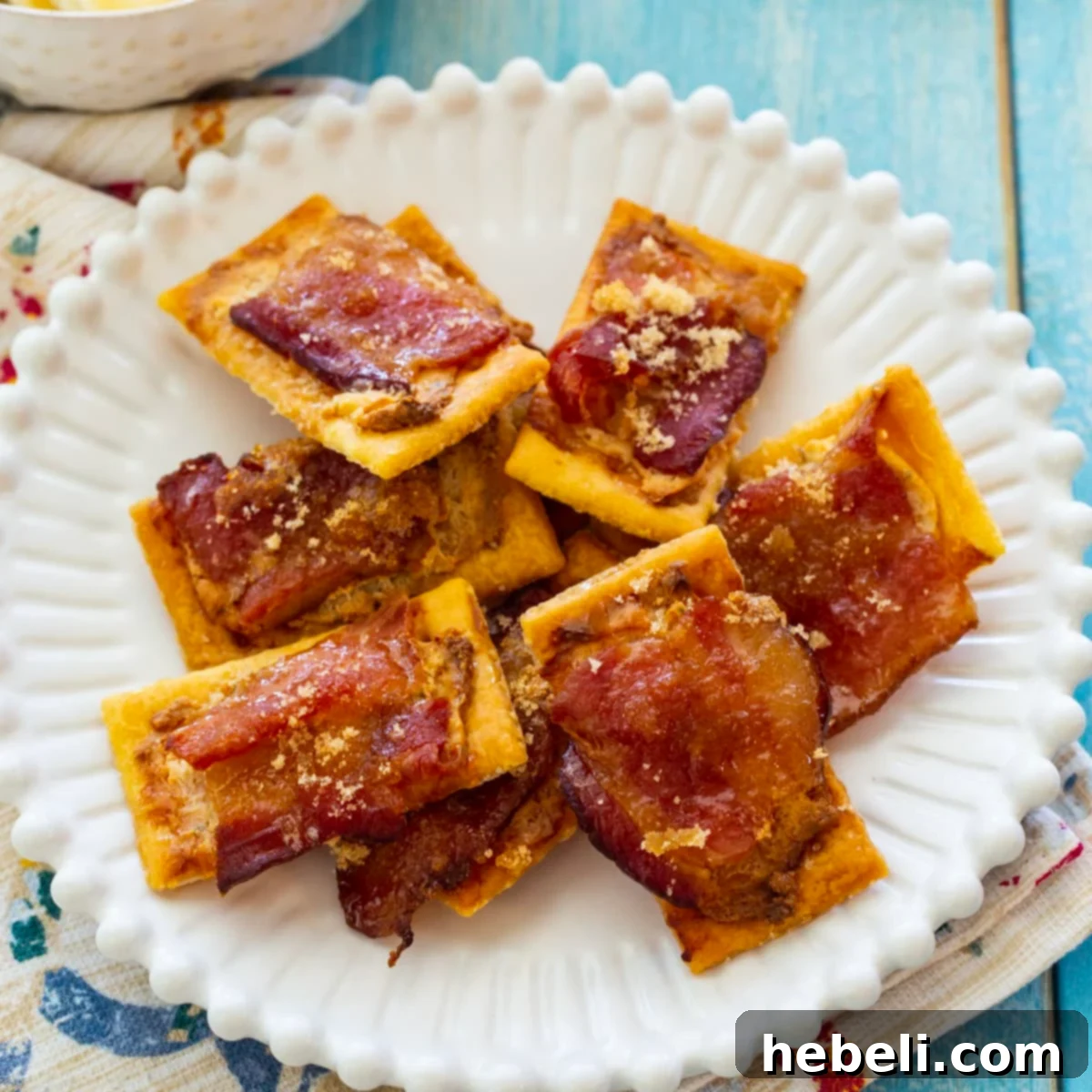 Bacon Boursin Cracker Bites 2 Golden, crispy Boursin Bacon Crackers artfully arranged on a white plate, showcasing their inviting texture and delicious caramelization. Perfect for a party appetizer.