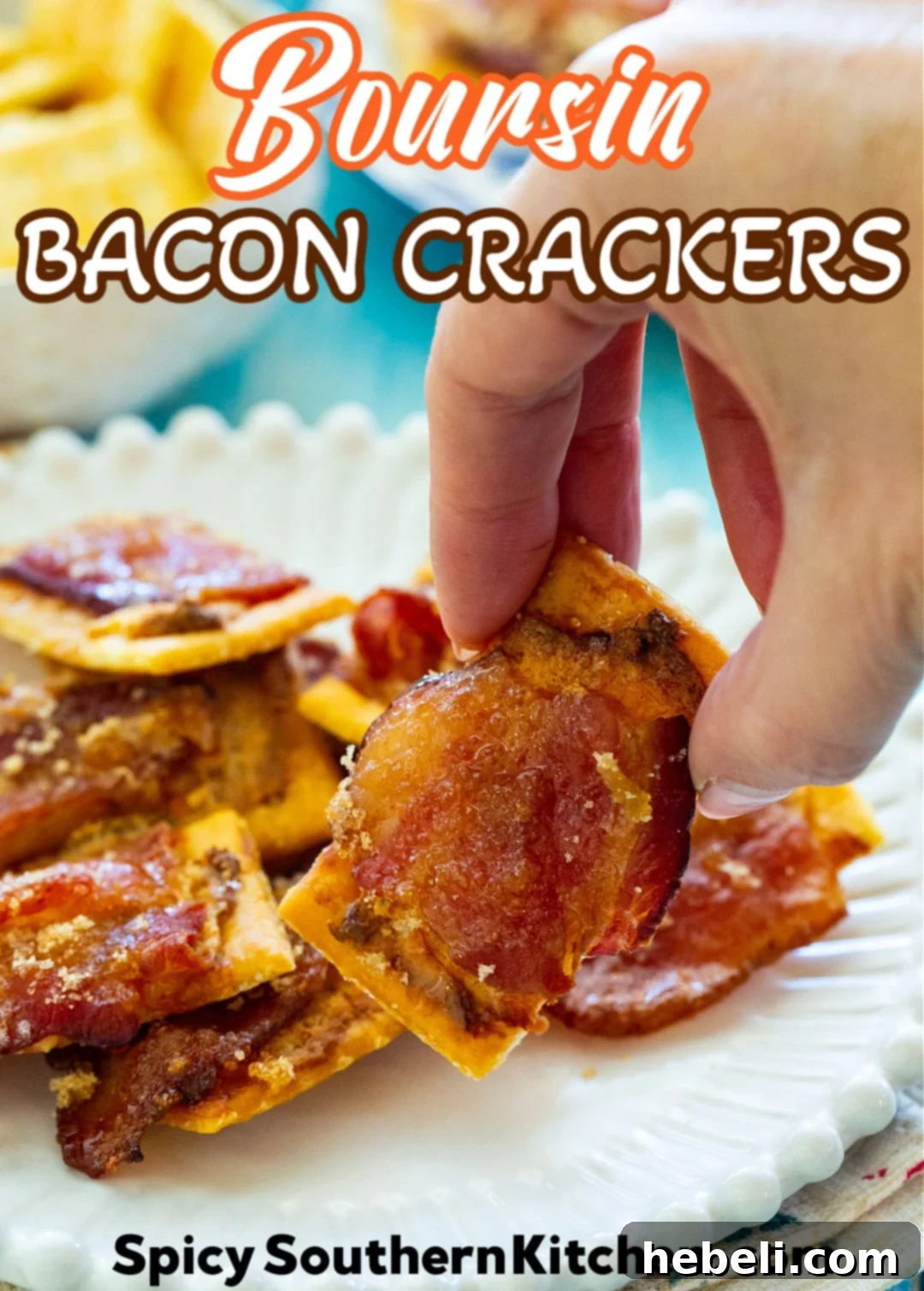 Bacon Boursin Cracker Bites 8 A hand reaching for a Boursin Bacon Cracker from a tempting stack on a plate, emphasizing its irresistible appeal and ready-to-eat nature.