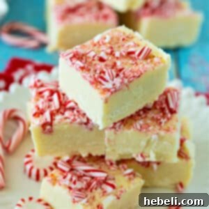 Final image of Peppermint White Chocolate Fudge squares.