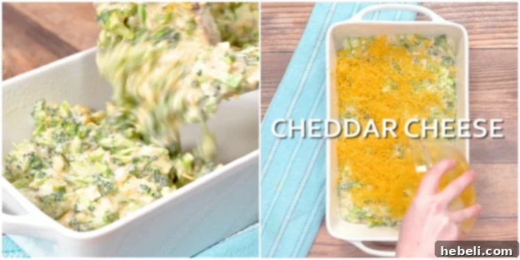 Casserole mixture being transferred to a baking dish, topped with cheese and cracker crumbs.