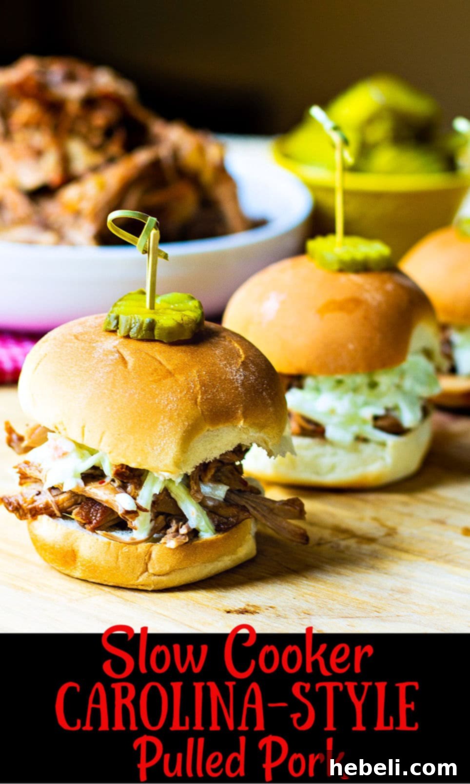 Slow Cooker Carolina-Style Pulled Pork, beautifully sauced and ready to serve.