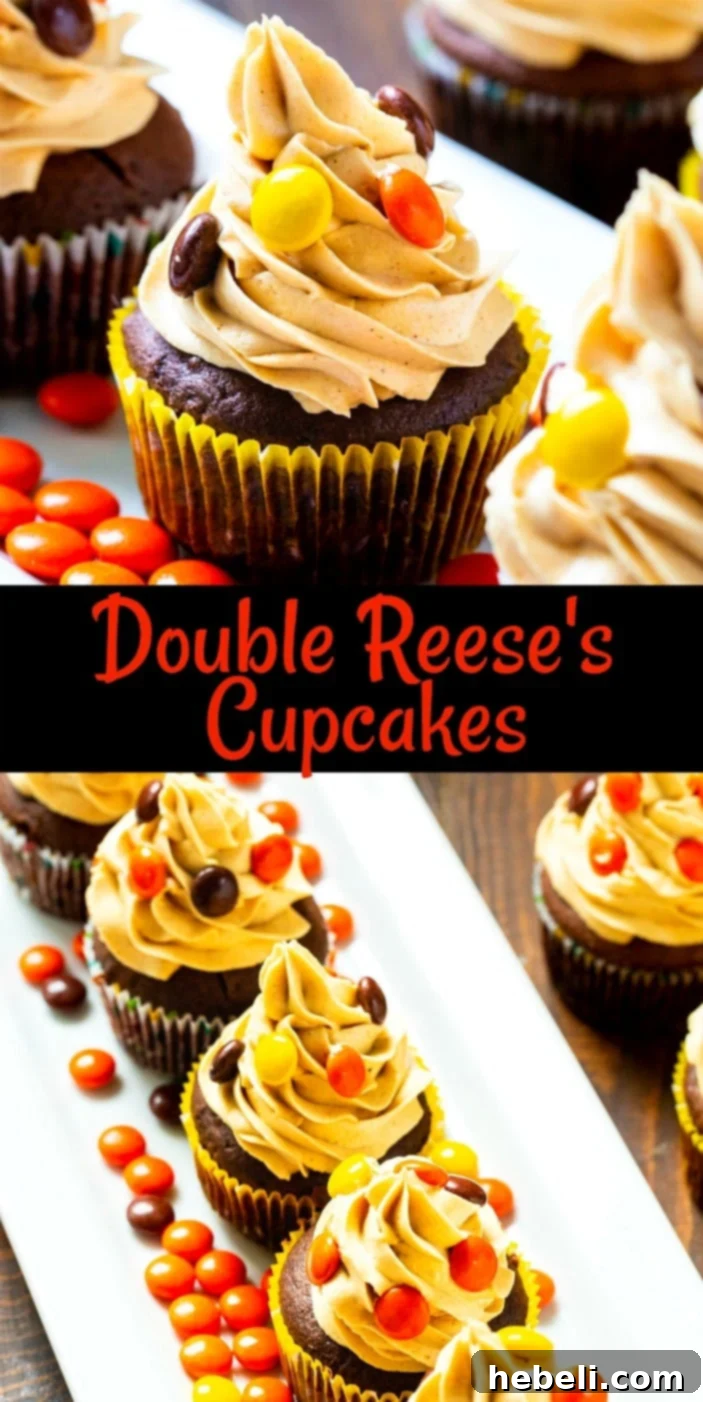 Collage of various Double Reese's Cupcakes showcasing the hidden peanut butter cup and frosting.