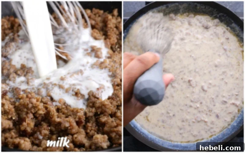 Milk being slowly whisked into the sausage and flour mixture in a pan.