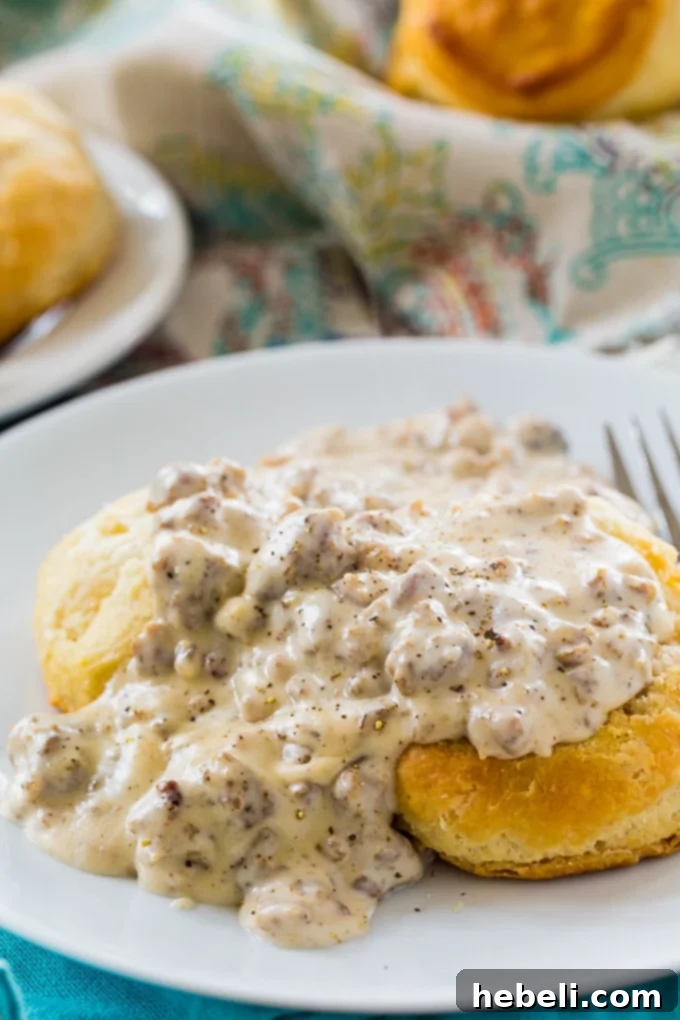 Southern Sausage Gravy is rich and creamy, making a perfect breakfast.