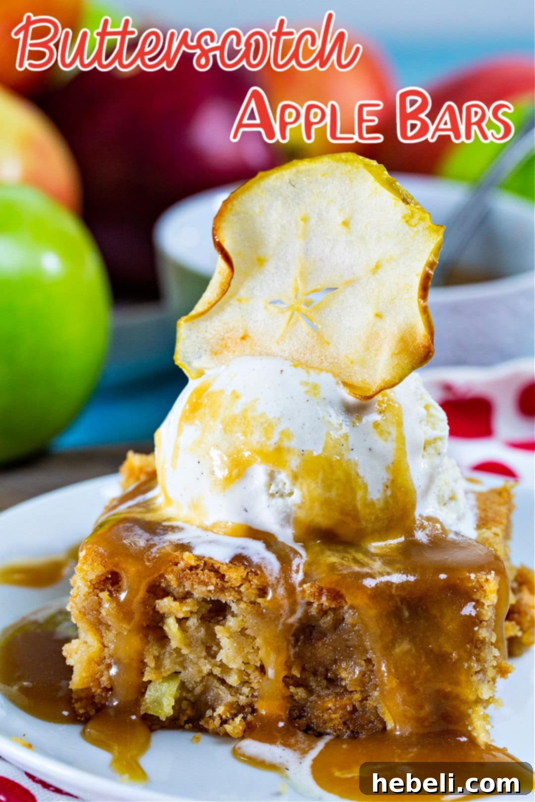 Close-up of a Butterscotch Apple Bar with caramel sauce, vanilla ice cream, and an apple chip garnish.