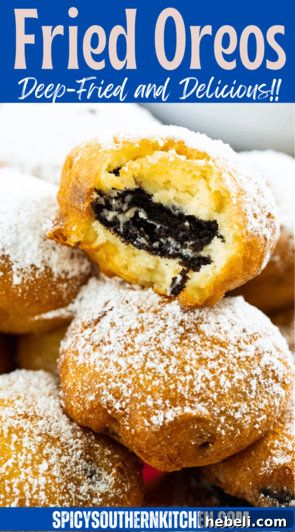 Oreo Fritters 5 Freshly fried Oreos, perfectly dusted with a generous amount of powdered sugar on a serving plate.