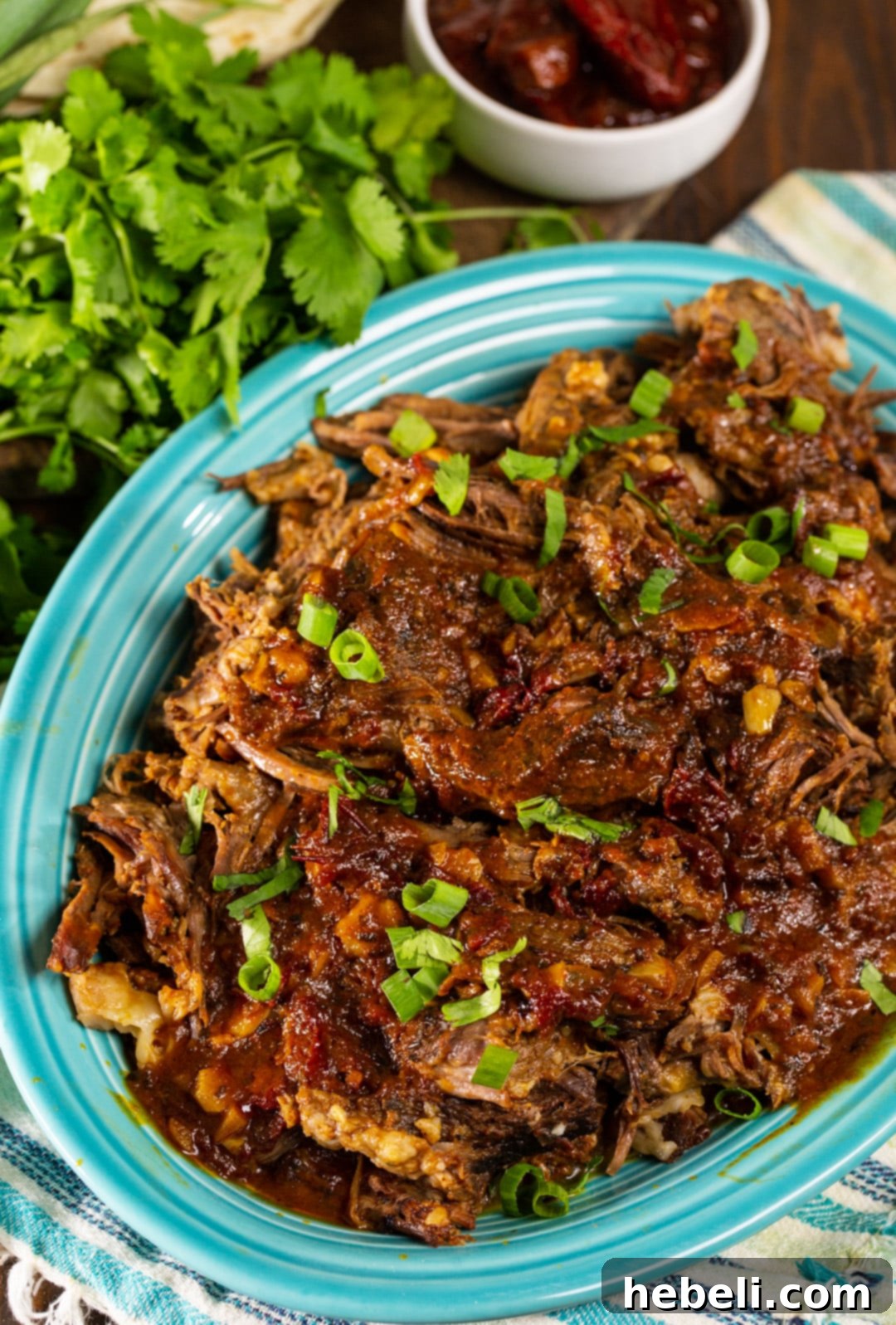 Close-up of slow-cooked Chipotle Beef served on a stylish blue plate, highlighting its rich texture and color.