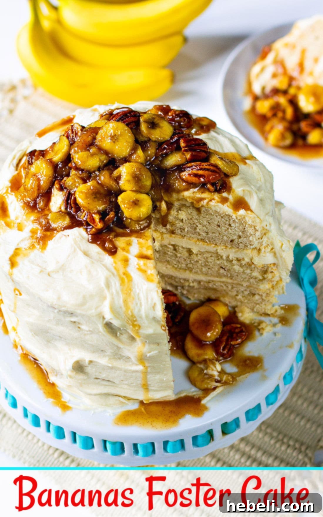 A beautifully decorated three-layer Bananas Foster Cake with generous caramel cream cheese frosting and rich banana topping.